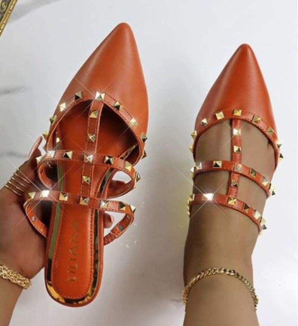 "Emily" Cognac Studded Mules
